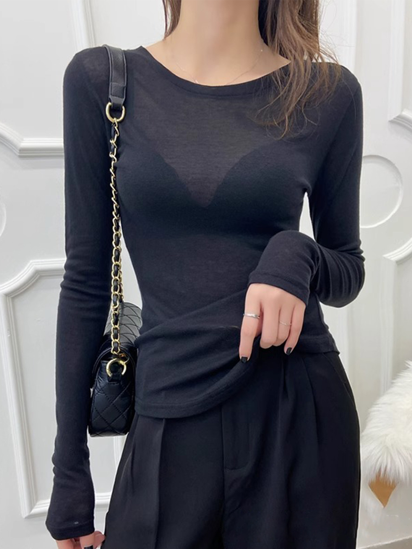 knee length dresses for ladies Embellished Mesh Long Sleeve Top Large / Black main image 1