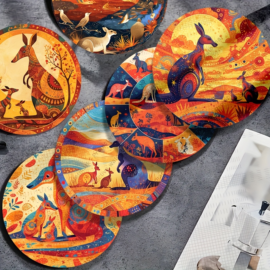 TEMU 6pcs 2d Flat Australian Theme Wooden Coasters, Kangaroo Design - Heat-resistant Round, Suitable For Christmas, Easter, Valentine's Day, Mother's