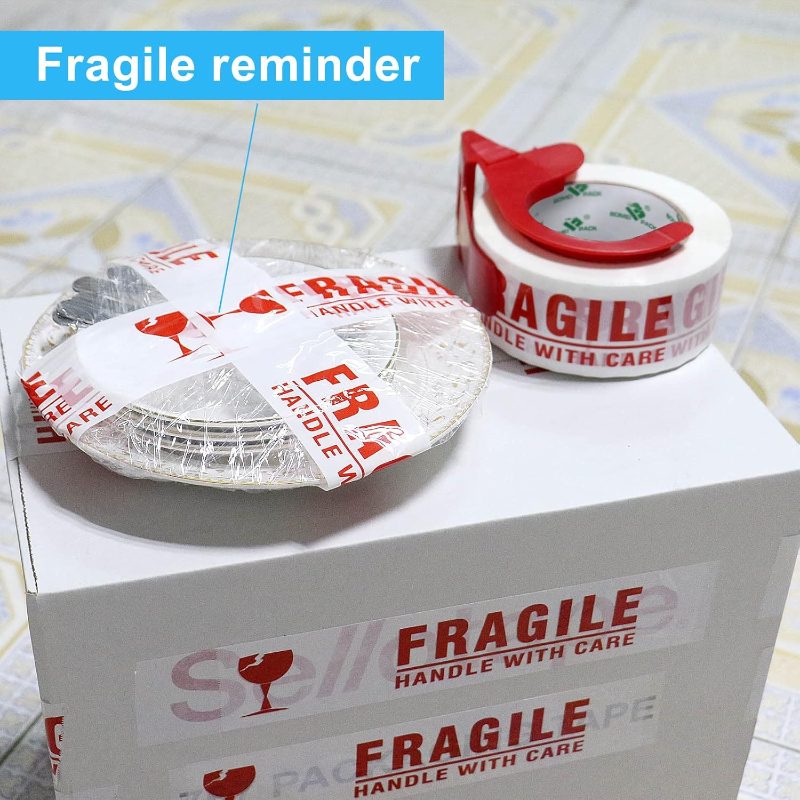 Fragile Tape   Packing Tape Handle with Care Sealing and White Red, 2Rolls 48mmx 100.58meter Per Roll,