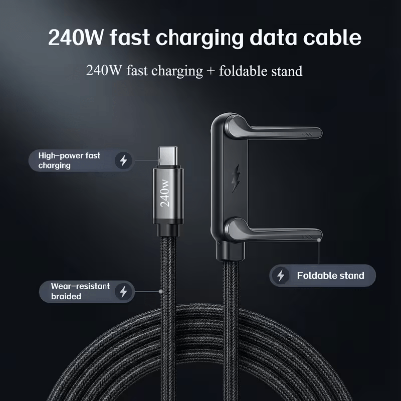 240w charging cable with stand dual type c super fast charging angled connector durable braided cord 59 06 inches 150cm suitable for   phones usb data transfer supports fast charging for gaming and streaming Product details 1