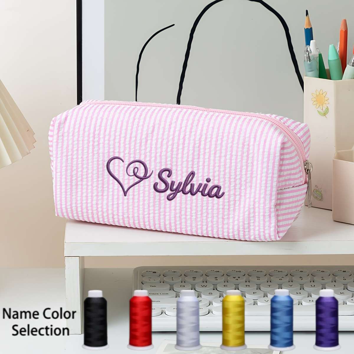 TEMU Trousse à crayons en organza brodée avec nom personnalisé, sac d'organisation de papeterie de bureau pour étudiants, grand sac de rangement de