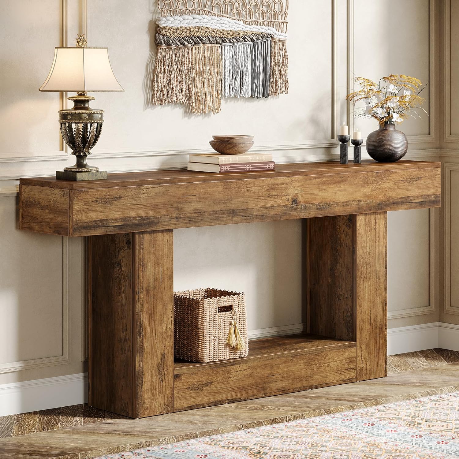 E-shop 63" Landhaus-Konsole mit U-förmigem Gestell & 2-Etagen-Regal - Konstruktionsholz & Eichenholz Sofatisch, Tisch hinter der Couch für Wohnzimmer,