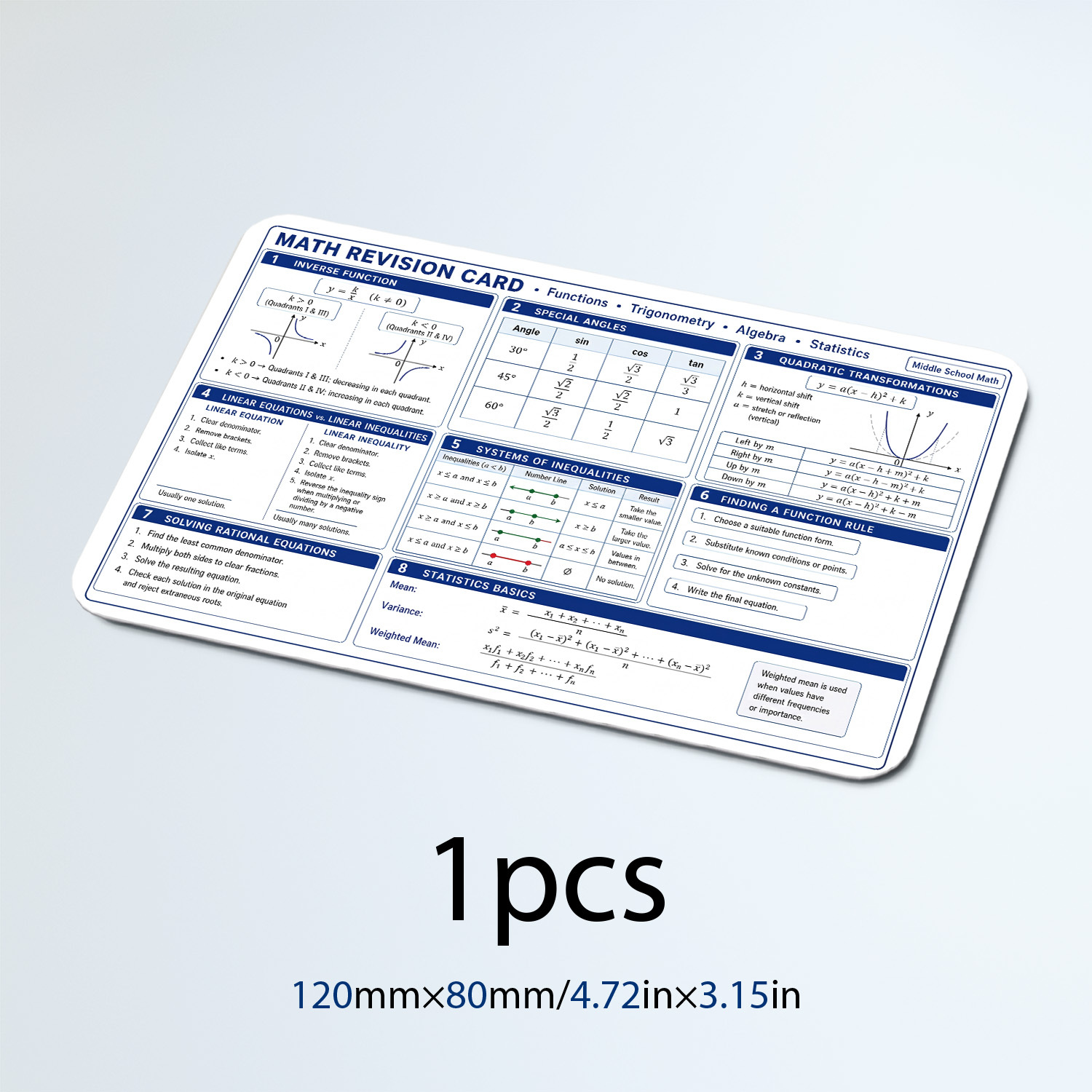 TEMU Jeu de cartes de de mathématiques en PVC, fiches de plastifiées, guide d'étude des formules d'algèbre et de trigonométrie pour collégiens, aide