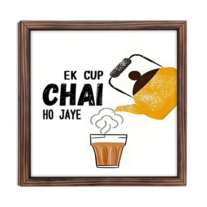 TEMU 2d Flat Wooden Print 1pc Indian Tea Quote Framed Ornament "ek Cup Chai Ho " - Wall Art, Rustic Style, Suitable For Home, Office, Kitchen, Bar