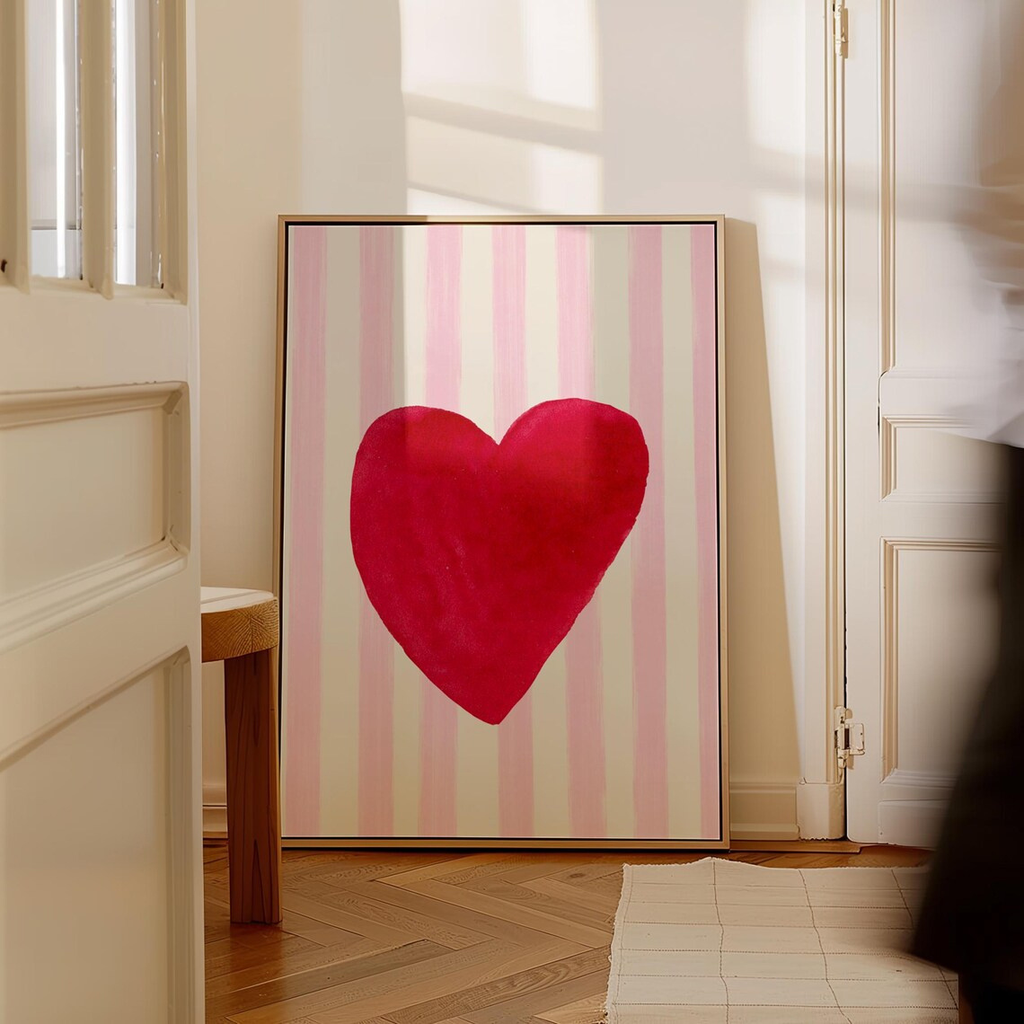 TEMU 2d Flat, 1pc Scandinavian Valentine's Day Themed Art Print | Large Red Heart And Pink Striped Canvas Painting - Modern Minimalist And Stylish