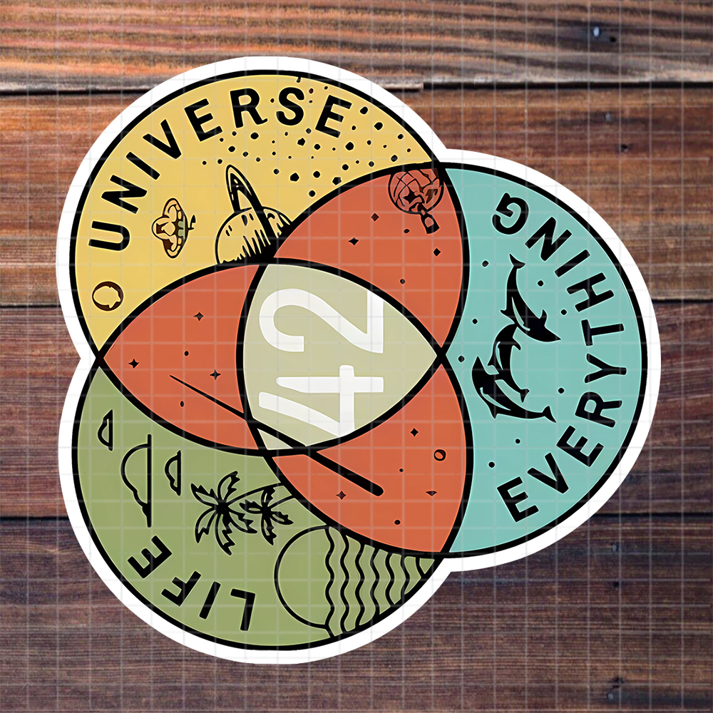 3-inch "42: Answer To Life, Universe, Everything (' Gag)" – Nostalgic & Adams Vibes ( “' Guide Fan” Attitude) Vinyl Sticker - “venn Diagram Of Universe/life/everything + 42 + ' Guide