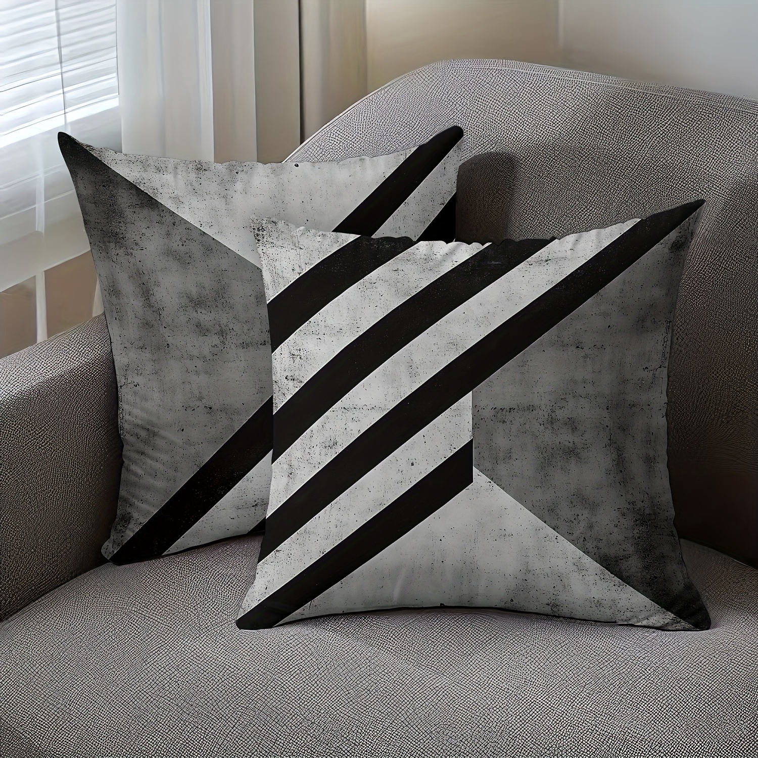TEMU 2d 2pcs Retro Geometric Stripe Theme Pillowcases, , Peach Suede Material, Single-sided Printed Without Pillow Core, Black Gray White Distressed