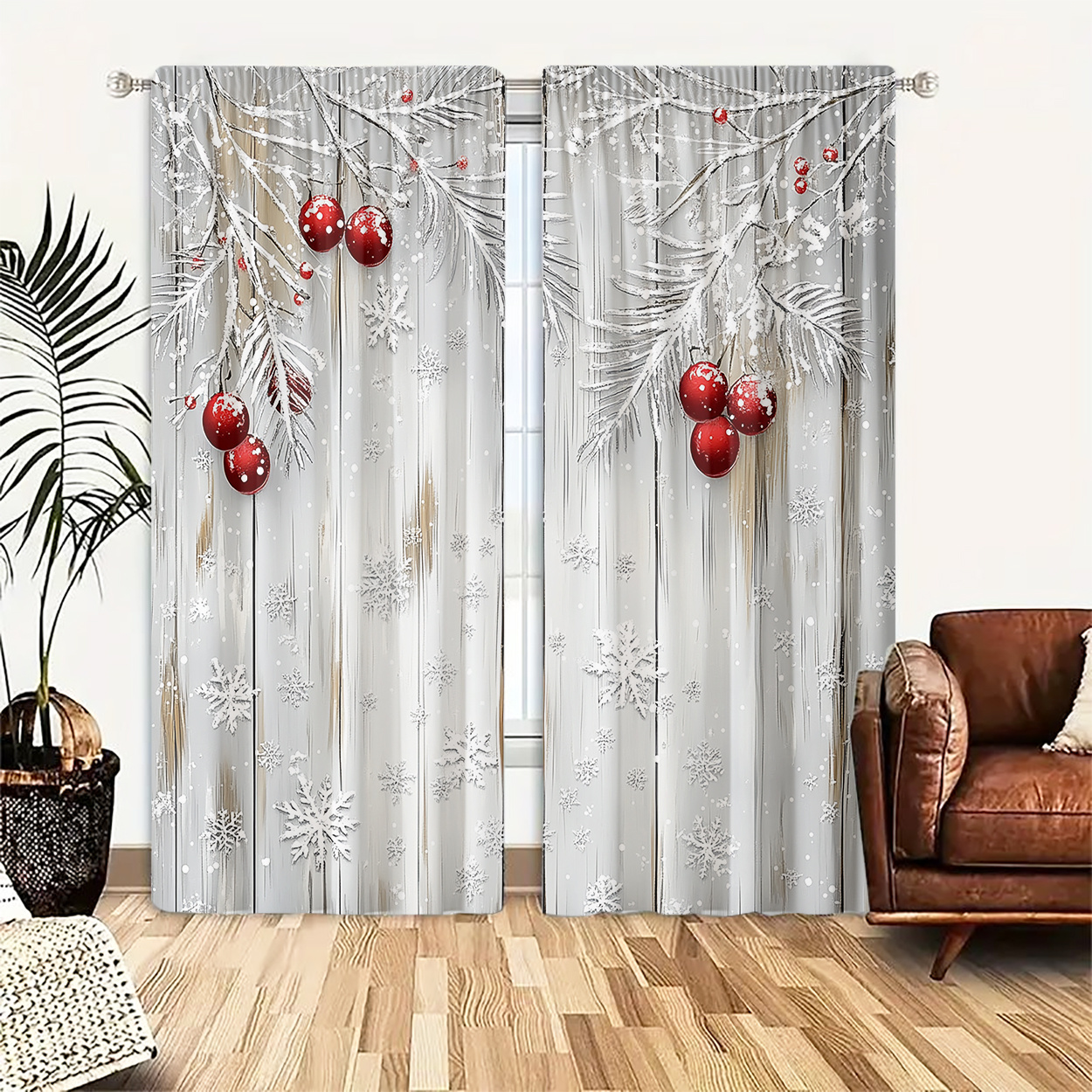 

2pcs Christmas Curtains - Polyester, Light-filtering With Snowflakes & Holly Design, High- For Bedroom, Living Room, Office Decor - Rod Pocket Hanging, Living Room Curtains