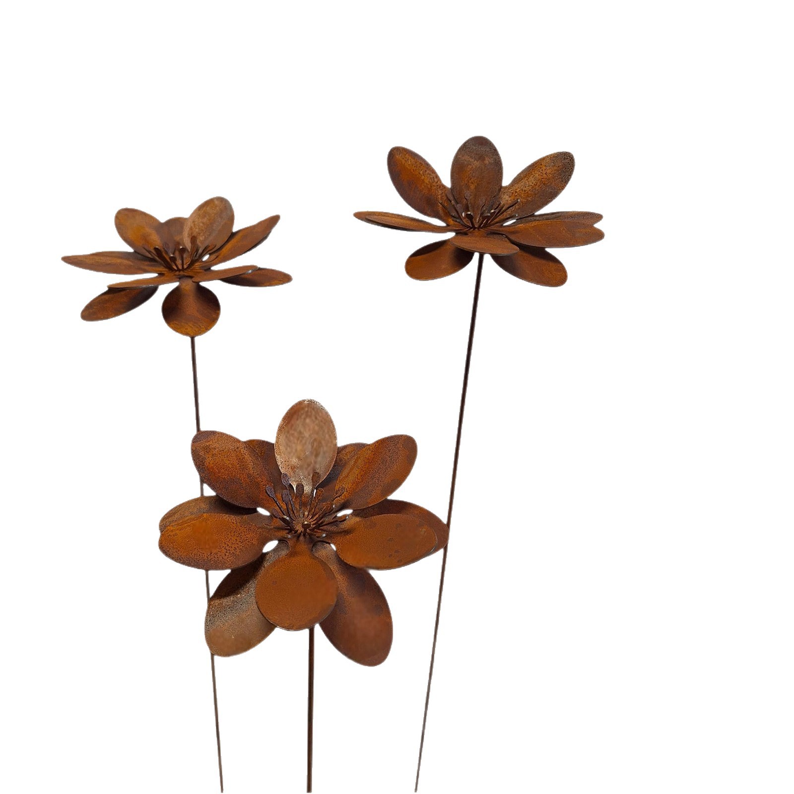 TEMU [3D] Lot de 3 magnifiques fleurs, piquets à fleurs en fer forgé couleur rouille vieilli vintage, grands ornements de jardin simulés en métal de