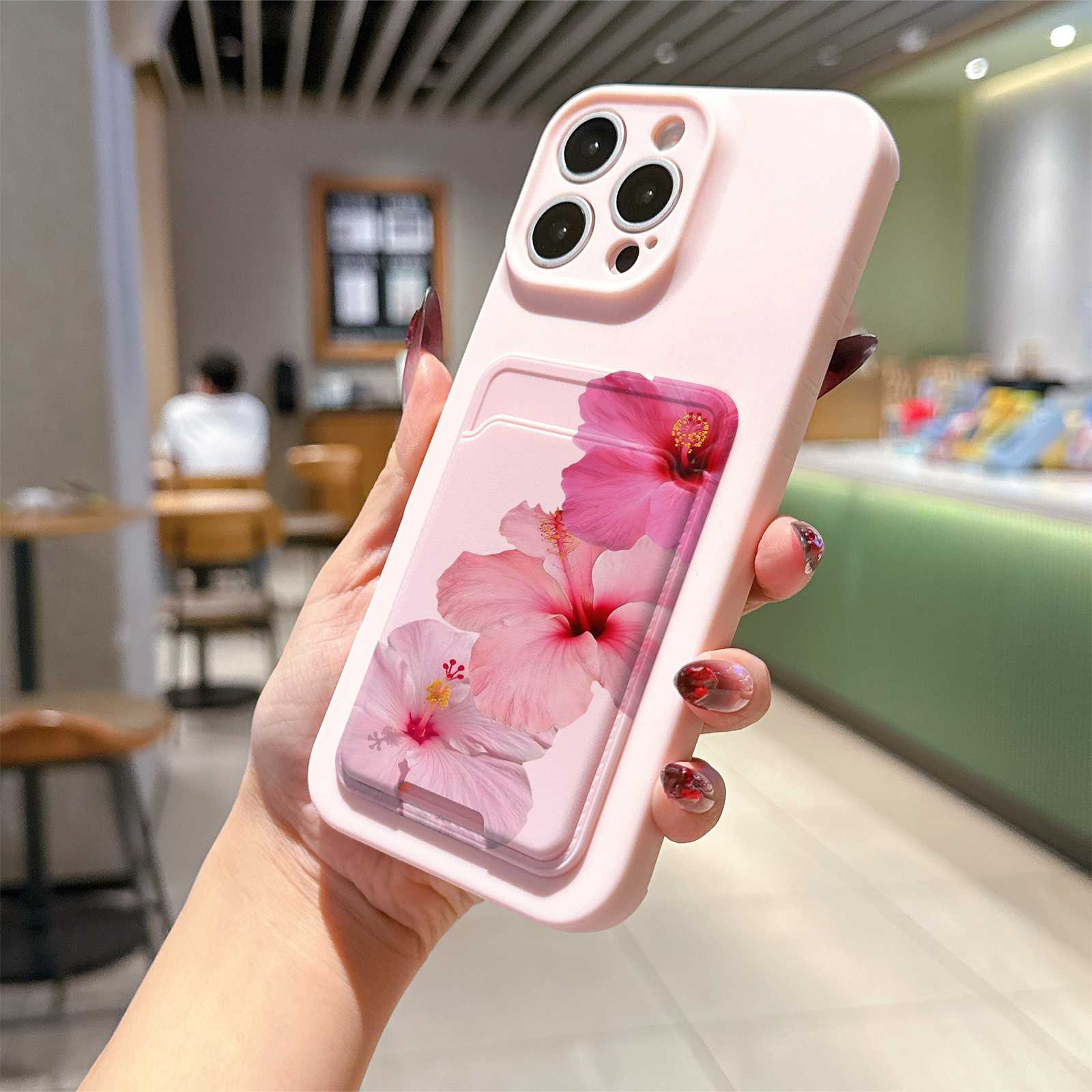 TEMU Phone Case - Two-piece Set: Pink Self-adhesive Card Holder/card Slot Phone Case/card Pouch With A Floral Print Tpu Protective Case Designed For