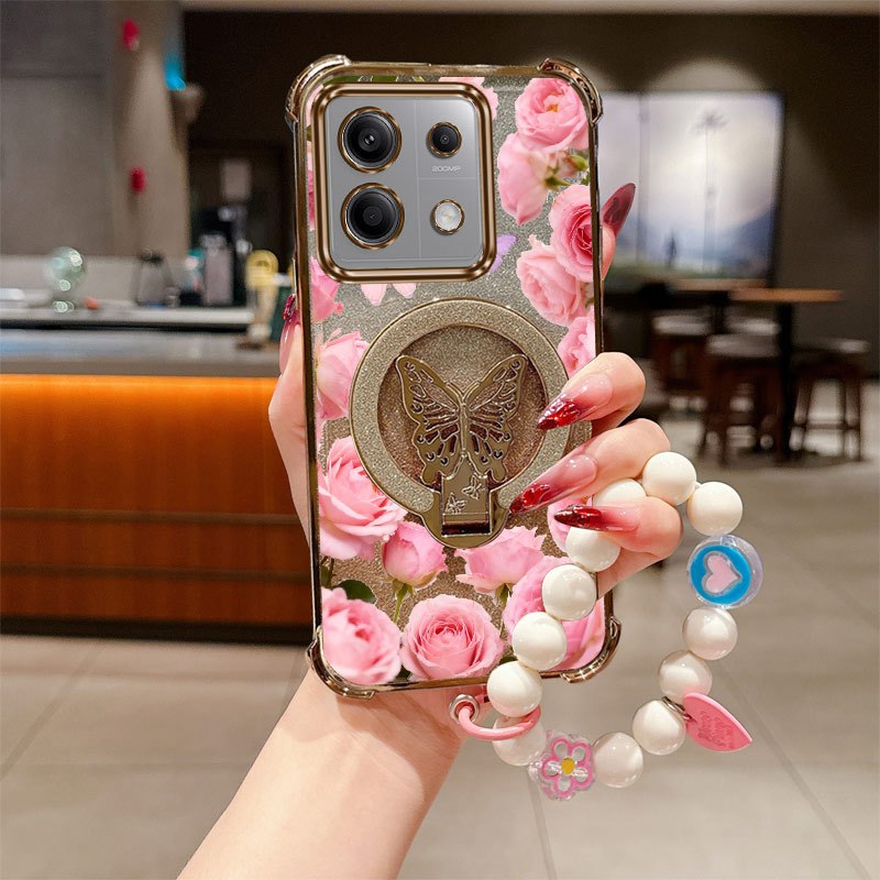 telefoonhoesje - luxe sieraden strap lanyard telefoonhoesje voor xiaomi redmi note 13 pro 5g, met een   premium roos vlinder design met transparante glitter en een schokbestendige cover