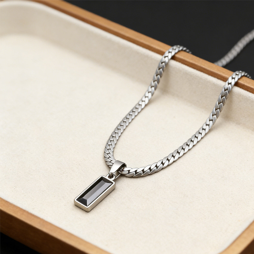 Men's Stainless Steel Black Pendant Necklace, Minimalist Style