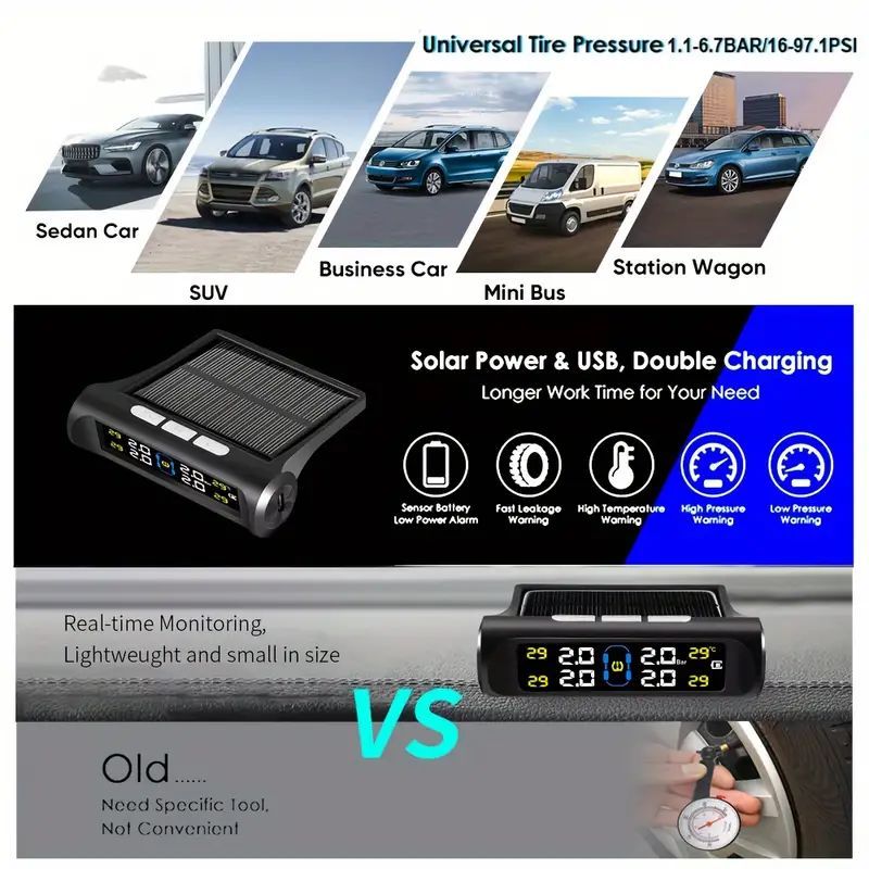 Solar TPMS Monitor with 4 External Sensors for Cars for tire pressure service detail image 3