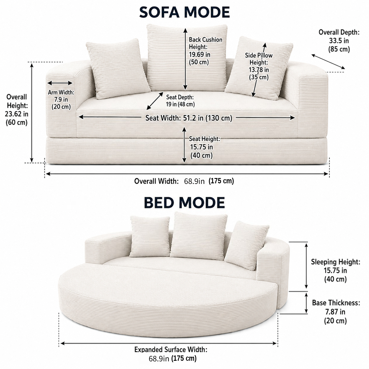 175cm Oversized Round Sleeper Sofa Bed, Convertible Circle Chaise Lounge Chair Indoor, Modern Fluffy Plush Corduroy Cloud Boneless Couch, Assembly Free, Comfy Bean Bag For Living Room