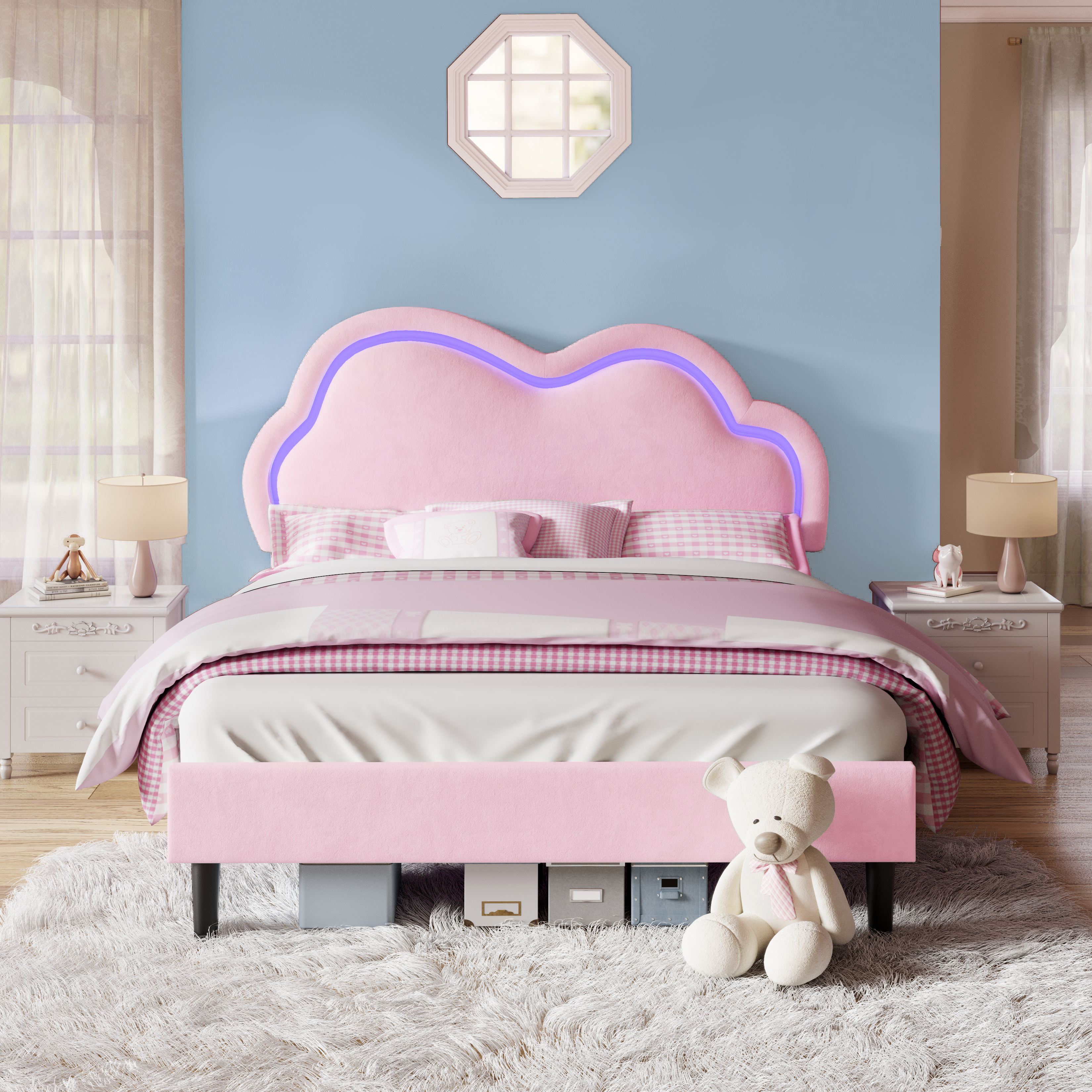 TEMU Cheminée de lit en velours Papajet avec lumières LED et tête de lit nuage réglable, ressort de lit