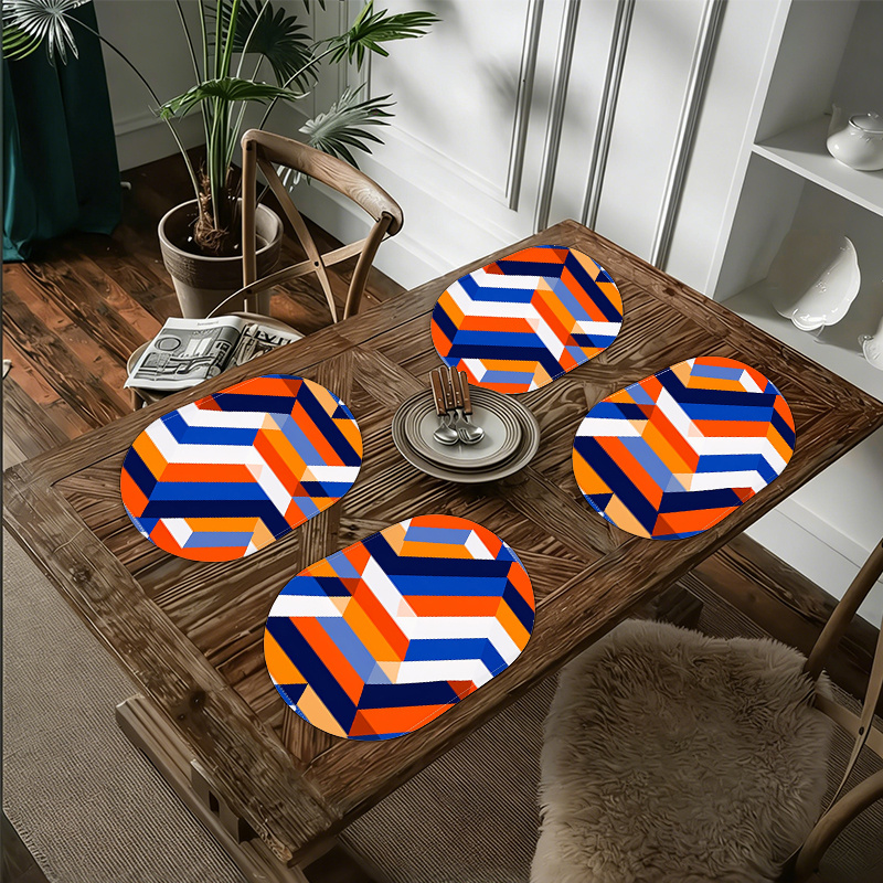 4er-Set Tischsets mit Streifenmuster, Weiß, Orange und Blau * für Esstisch, Küche, Party, Innenbereich * Abendessen und * Jede Matte Größe 30 x 48 x 45 x 72 cm