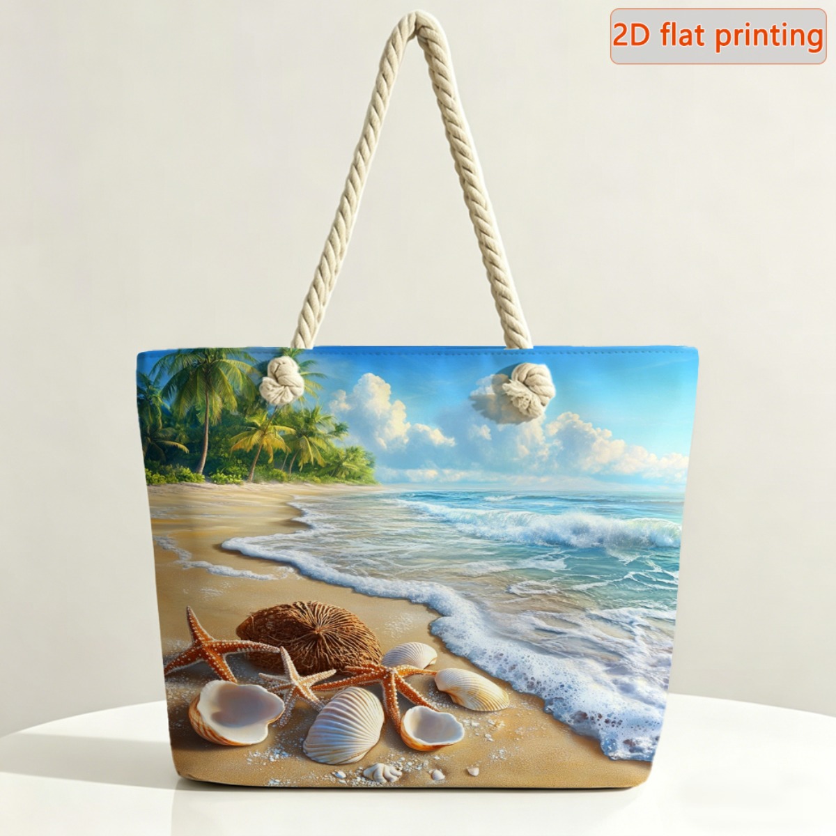 TEMU 1pc 2d Flat Summer Beach Shell Starfish Coconut Printed Tote Bag, Double Comfortable Handles And Removable Strap, Zipper Closure, Suitable For