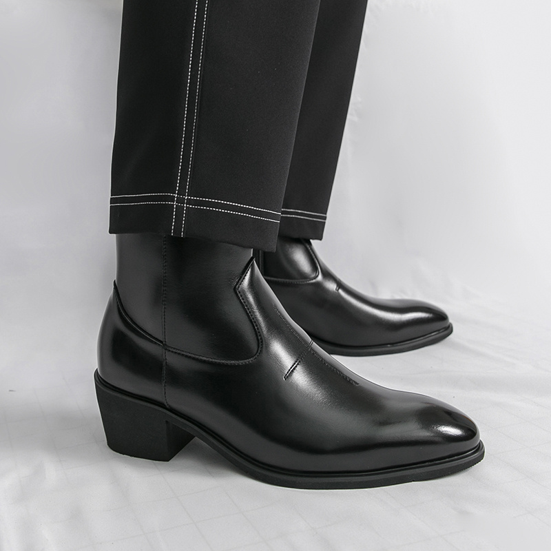 mens pointed toe chelsea boots side zipper chunky heel black