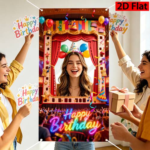 Artikelbild 2d party fotoautomat requisiten, bunte bühne theater geburtstags foto banner türvorhang mit ballons, noten, , streamer, neon happy birthday lichter, dekorative hintergrundtuch für innen und außen, robuster wandbehang