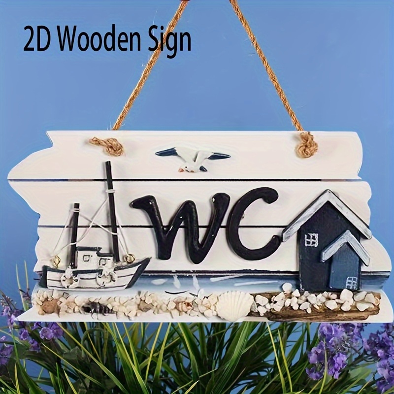 TEMU 2D Flat - 2D Holzschild - Mittelmeerküsten-Badezimmerdeko, Muschel- und -Design, künstliches Holz-Hängeornament für Toiletten, Ladentor- oder