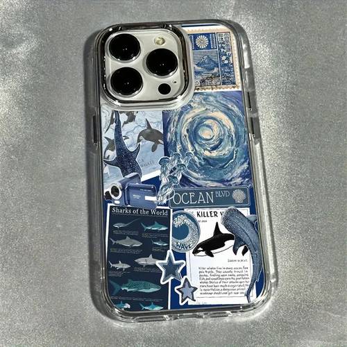phone case ocean element picture collage metal transparent case with half cover lens suitable for iphone 14 iphone 13 protective case 11 12 suitable for iphone 15 plus case 14 pro max iphone 13 protective case 12