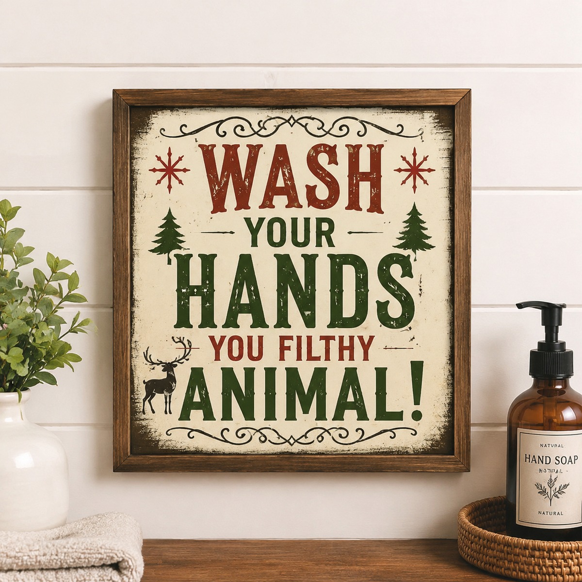TEMU 8*8inch, 1pc Framed Vintage Christmas Bathroom Wall Art Print With Funny Slogan Decor Wooden Wall Art Sign, In Styles, Farmhouse Style, Made Of