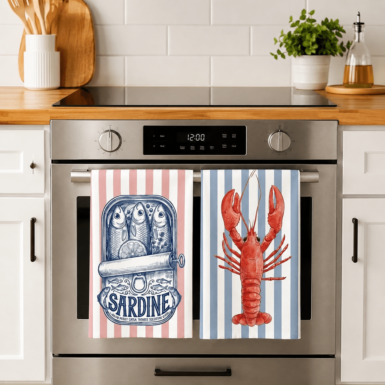 TEMU 2pcs Set Retro Lobster And Sardine Kitchen Dish Towels, Super Absorbent Fiber Tea Towels, Nautical Striped Decorative Bar Towels, Creative Decor