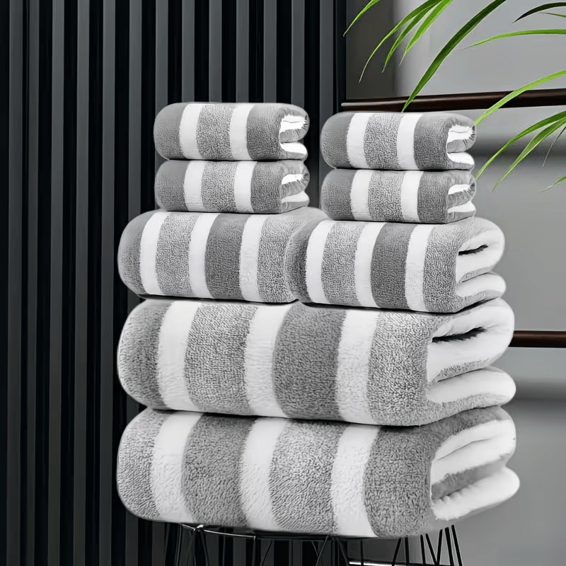 Image of 8pcs Set, Loss, Super Absorbent, Super Soft Two-color Striped Bath Towel Combination, Including 2 Large Bath Towels, 2 Large Face Towels, 4 Hand Towels