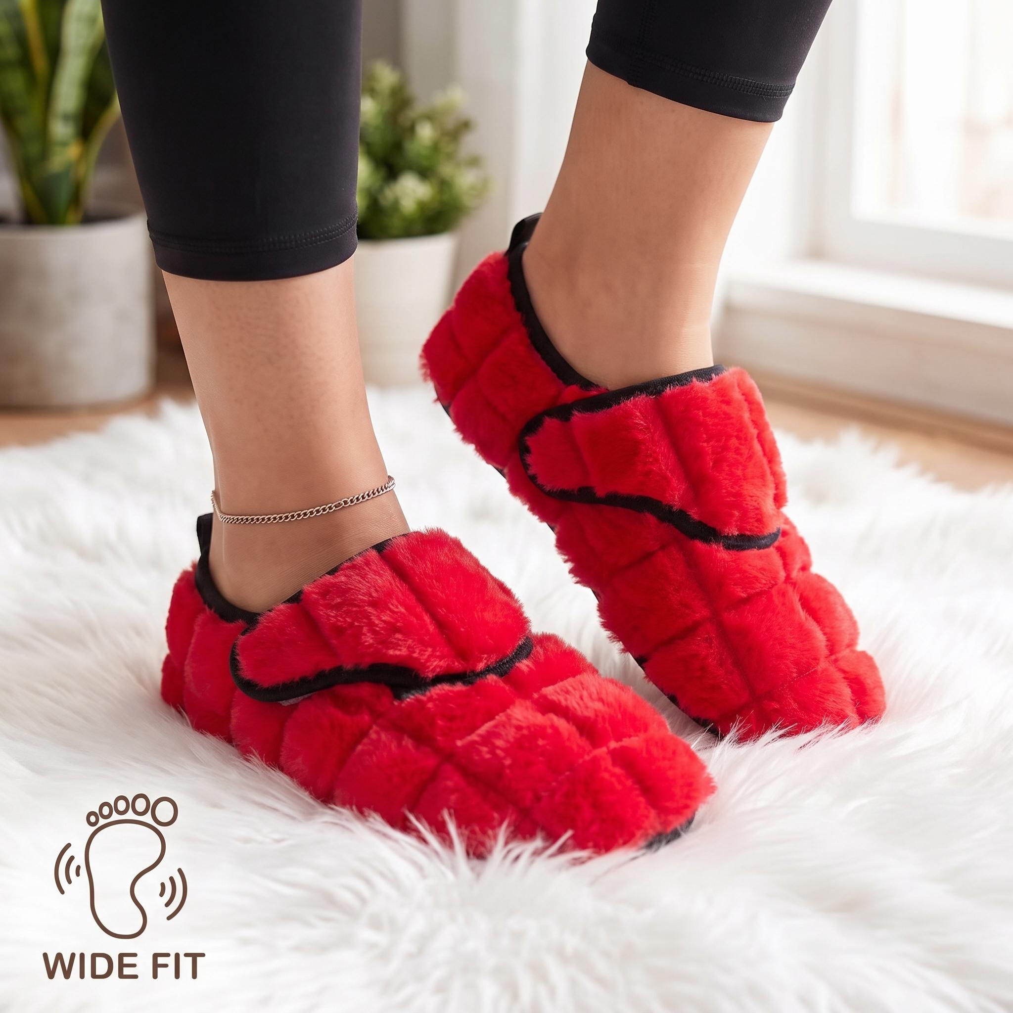 TEMU Women's Wide Toe Fat Toe Slip-on Loafers, Autumn Winter Plush Warm Full Coverage Heel Hook-and-loop Adjustable Loose Soft Sole Home Indoor