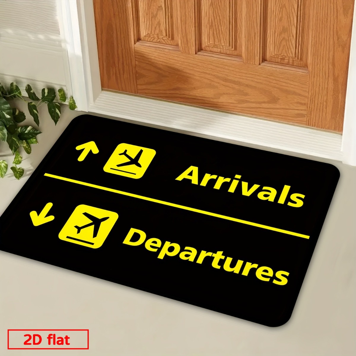 TEMU 1pc Airport-themed Non-slip Flannel Suitable For , Bathrooms & Airplane Decor - Washable Black With Yellow Arrivals Text Mat, Machine Washable