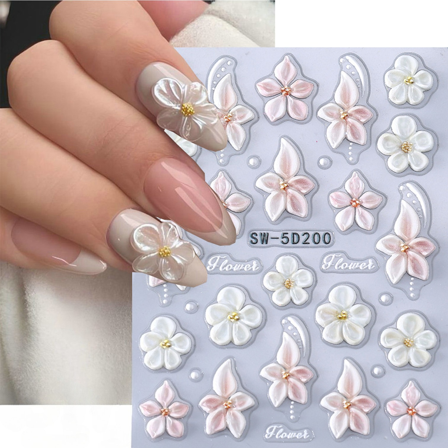 1pc Hibiscus Flowers 5d Embossed Nail Stickers Relief Ocean Styles Starfish Jellyfish Designs Nail Art Flower Decals Self Adhesive Manicure Decoration Nail Supplies For Women Nails