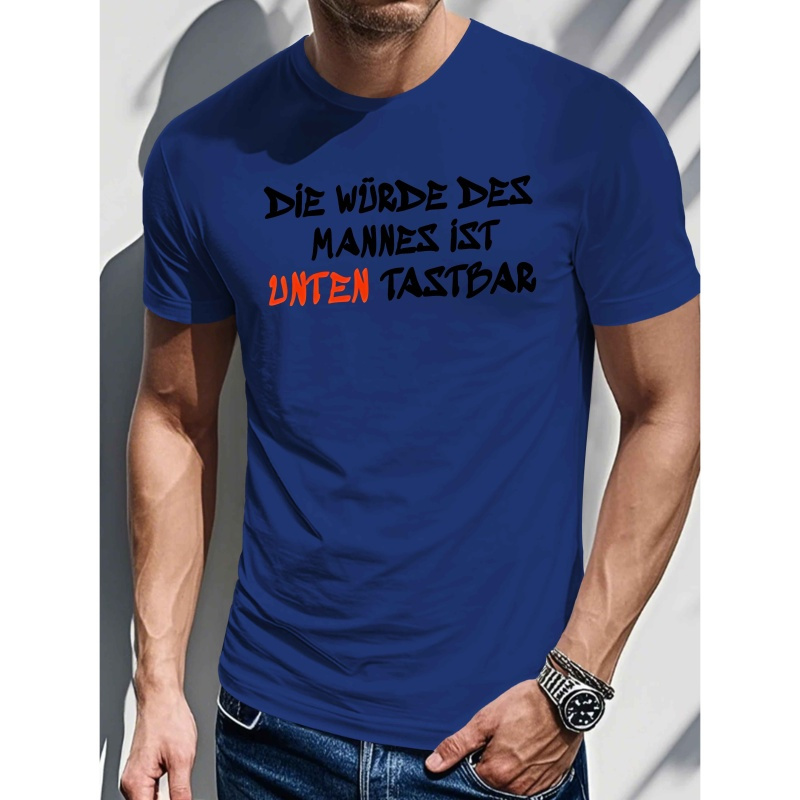 

Men's Polyester Crew Neck T-shirt, , Regular Fit, Knit Fabric With Stretch, Geometric Pattern, Short Sleeve Tee With German Human Slogan For Summer