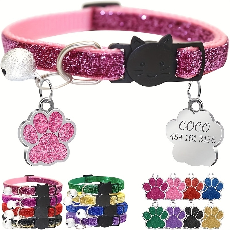 TEMU Collier pour chat avec médaille nominative patte et paillettes - Nom//Numéro de téléphone, médaille d'identification de sécurité à dégagement