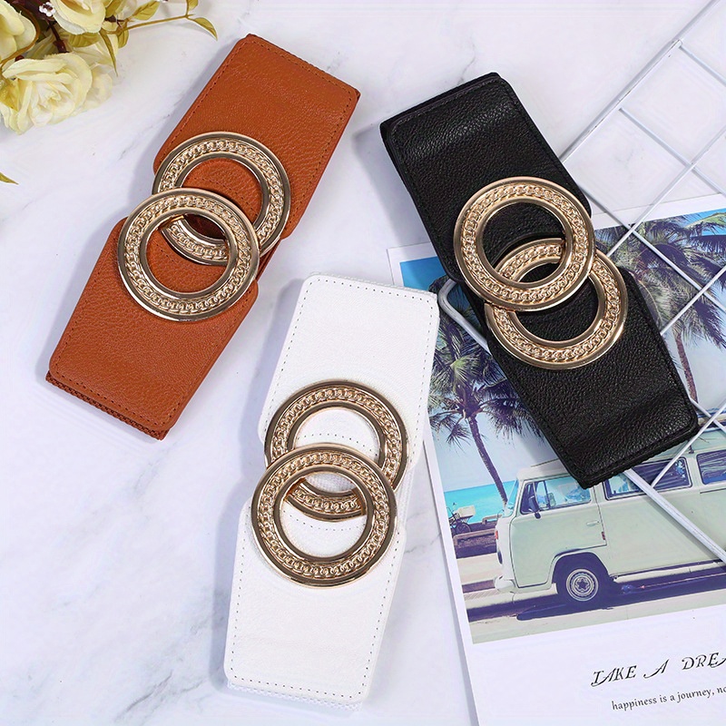 【cacharel】 WHITE LEATHER wide BELT Women White Faux Leather Fashion Belt - Hip High Waist Gold