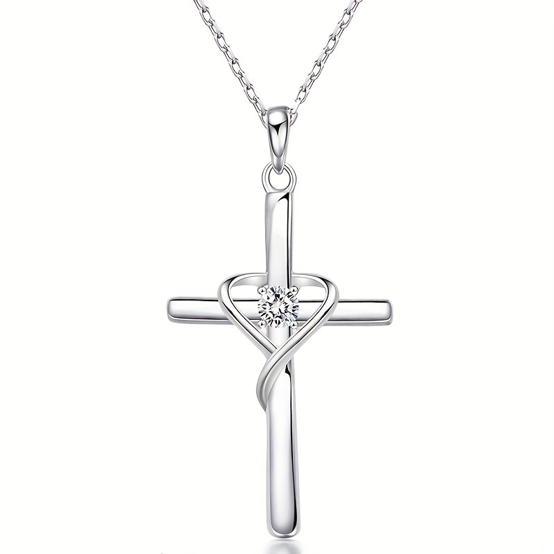 Image of Fashion Simple Golden Necklace Inlay Synthetic Zirconia Heart Shape Cross Necklace For Women Daily Causal Party Accessories Gift For Friend
