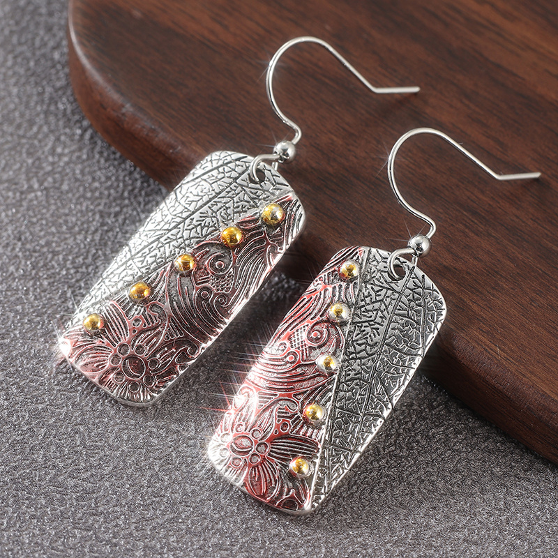 Ethnic Rectangular Three-Color Carved Flowers Dangle Earrings