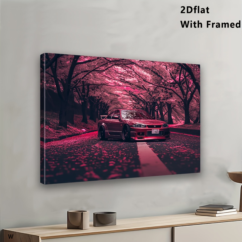 TEMU 2d Flat, Wood Framed Racing Car & Cherry Canvas Painting - Suitable For Living Room, Bedroom Wall Decor - Wrap-around Frame Modern For Warm