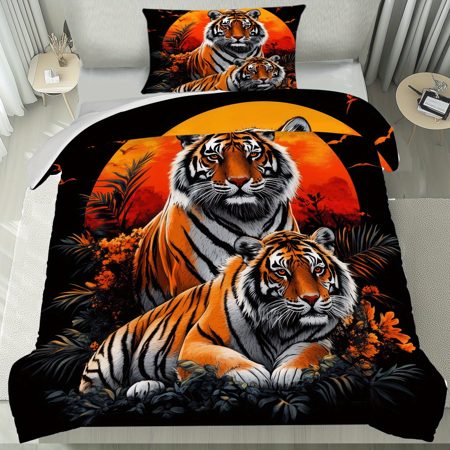 E-shop 2/3-teiliges Tiger Sonnenuntergang Dschungel Bettbezug Set | 1 Bettdeckenbezug + 2 Kissenbezüge, Auffälliges und Exotisches Schlafzimmer Thema,