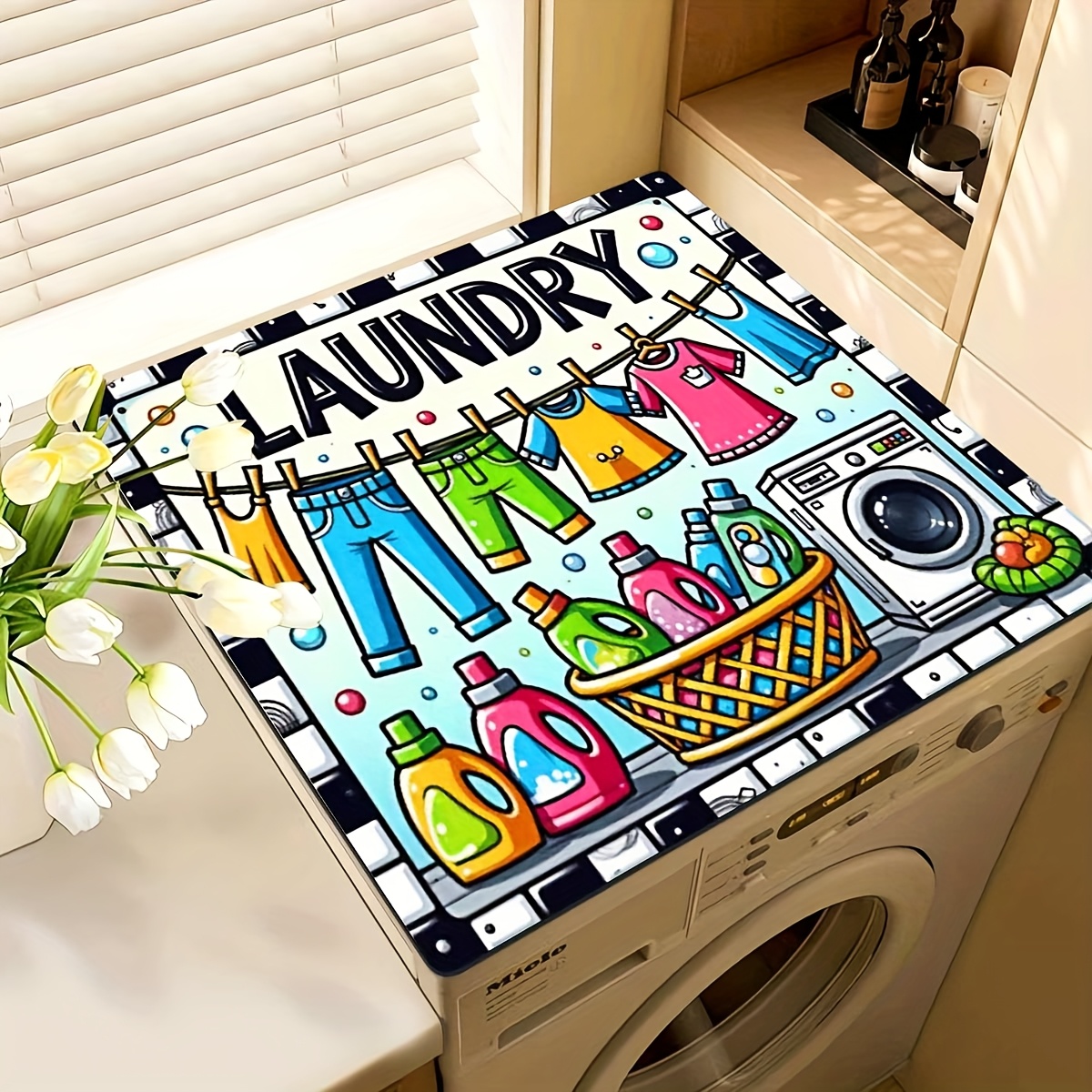 TEMU Laundry Themed Washing Machine Mat, Quick-drying, Dish Drying Mat, Cartoon Design, No Electricity Required, Suitable For Washing Machines,