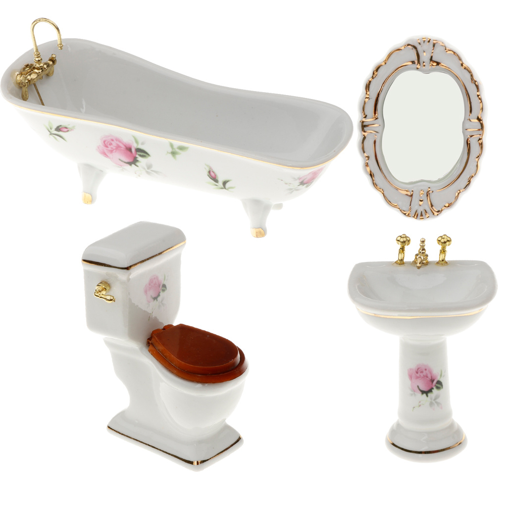 TEMU [collectible Figurines] 4pcs/ Set, Ceramic Doll House Miniature Bathroom Combination Set, Sink, Bathtub, Toilet, Mirror, Victorian Style, With
