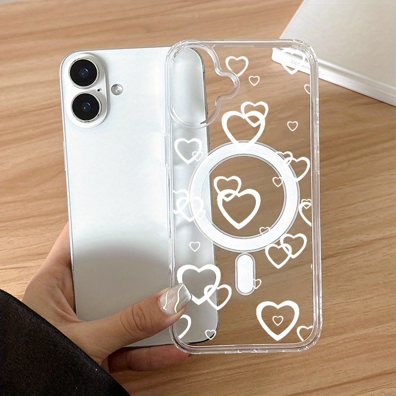 TEMU Phone Case: 1-pack White Heart Pattern Shockproof Magnetic Phone Case For Iphone 17 Series Compatible With Iphone 17/17 Pro/17 Pro Max/17