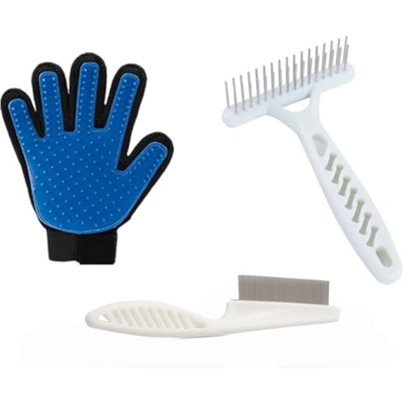 3pcs Pet Grooming Set, Pet Comb, Hairbrush, And Right-Hand Hair Removal Glove with Brushing Function, Detangling Double-Row Comb, Flea Comb for Fur Cleaning And Massage