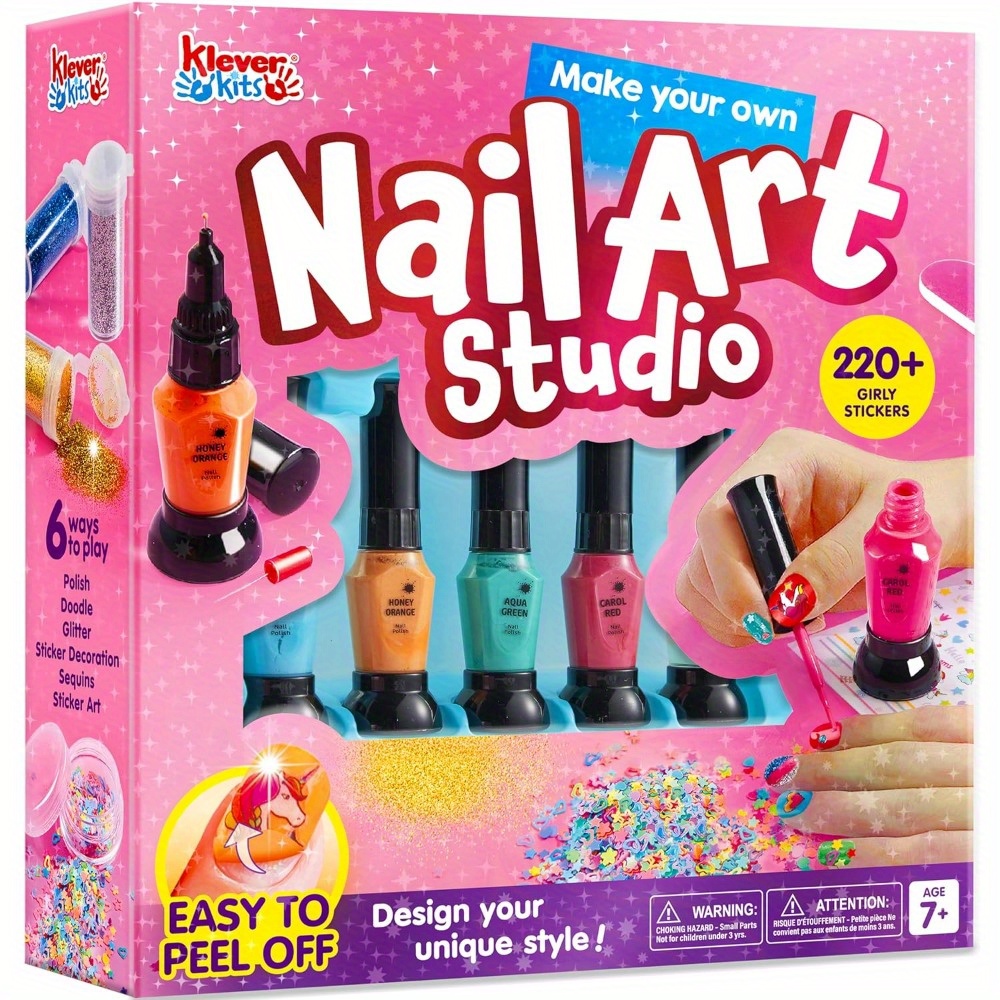 TEMU Nail Kit For Kids Age 7+, Non-toxic Nail Set With Glitter, Stickers Sequins, Stroke Sticker, Quick Dry & Peel Off, Play Makeup For Children,