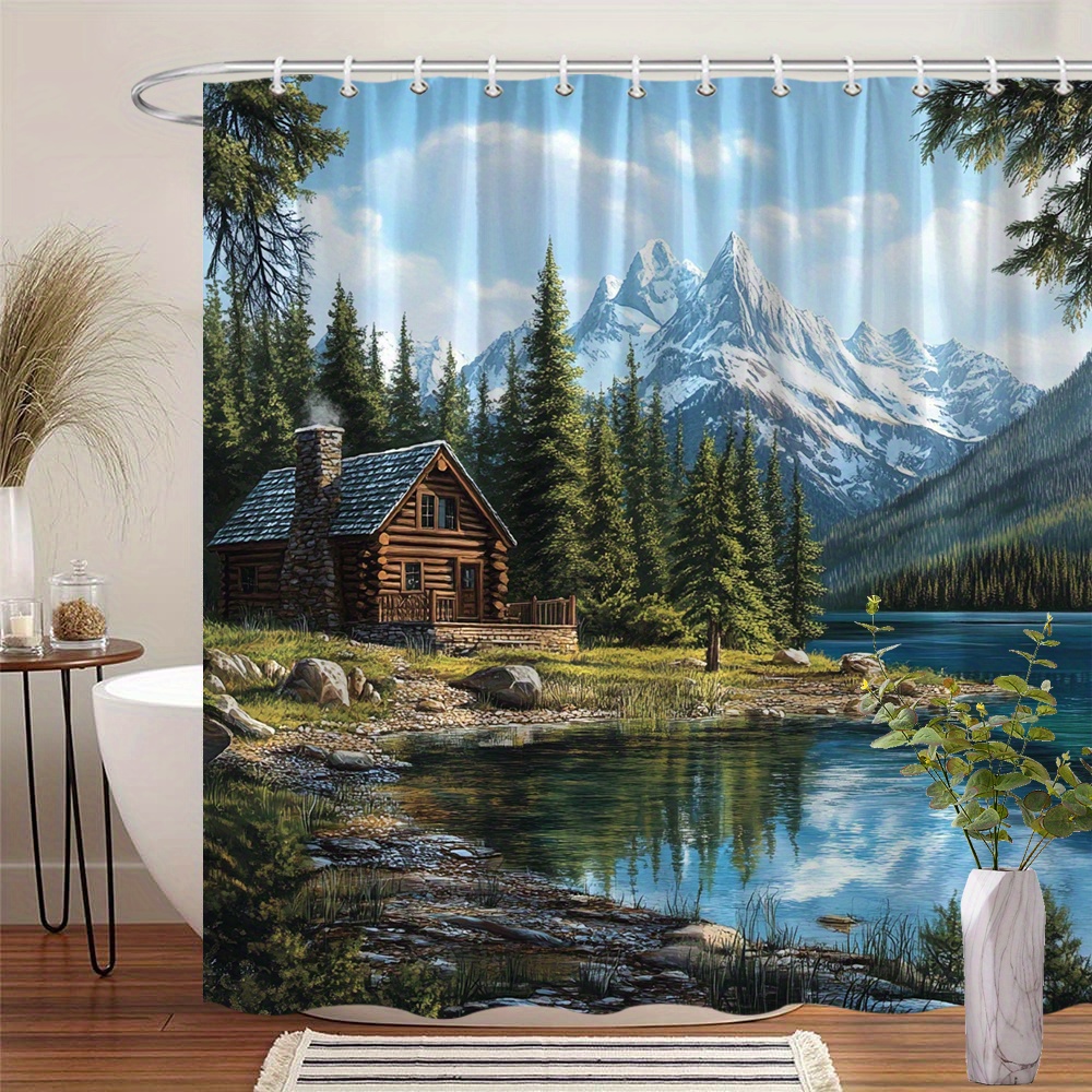 TEMU 1pc Rideau de douche pour cabane , cabane en bois rustique avec cheminée en et enneigées, nature en polyester, 70.86x70.86 pouces, 12 crochets