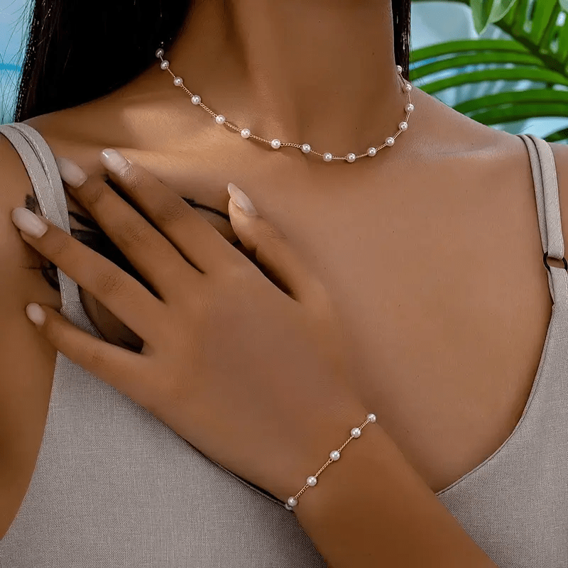TEMU 1 Collar + 1 Pulsera Collar de Perlas de para Mujer, Ideal para Reuniones , Regalo de San Valentín, Regalo del Día de la , Regalo para