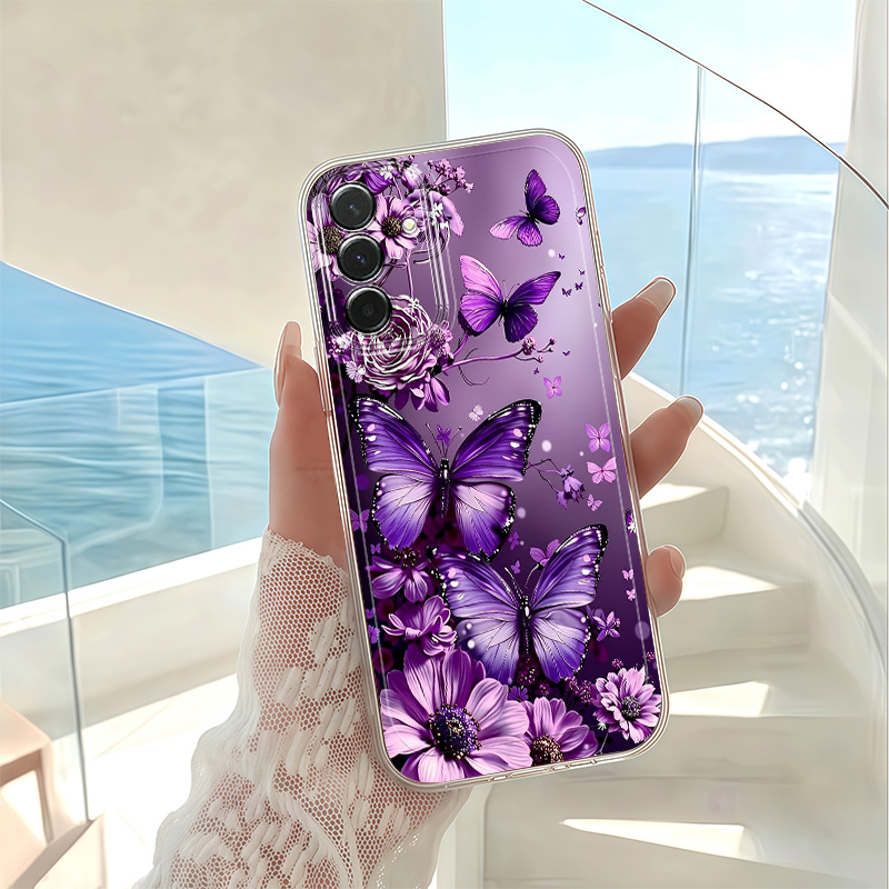 Husă Telefon - Husă Telefon cu Floare și Fluturi Violet pentru Samsung Galaxy A03S A04 A05S A06 A07 A13 A14 A15 A16 5G A17 A22 A23 A24 A25 A26 A32 A34 A35 A36 A37 A52 A53 A54 A55 A56 A57 S21 Ultra S22 Plus S23+ S24 FE S25 S26, Model Desene Animate, Transparentă, Anti-cădere, Acoperire Completă