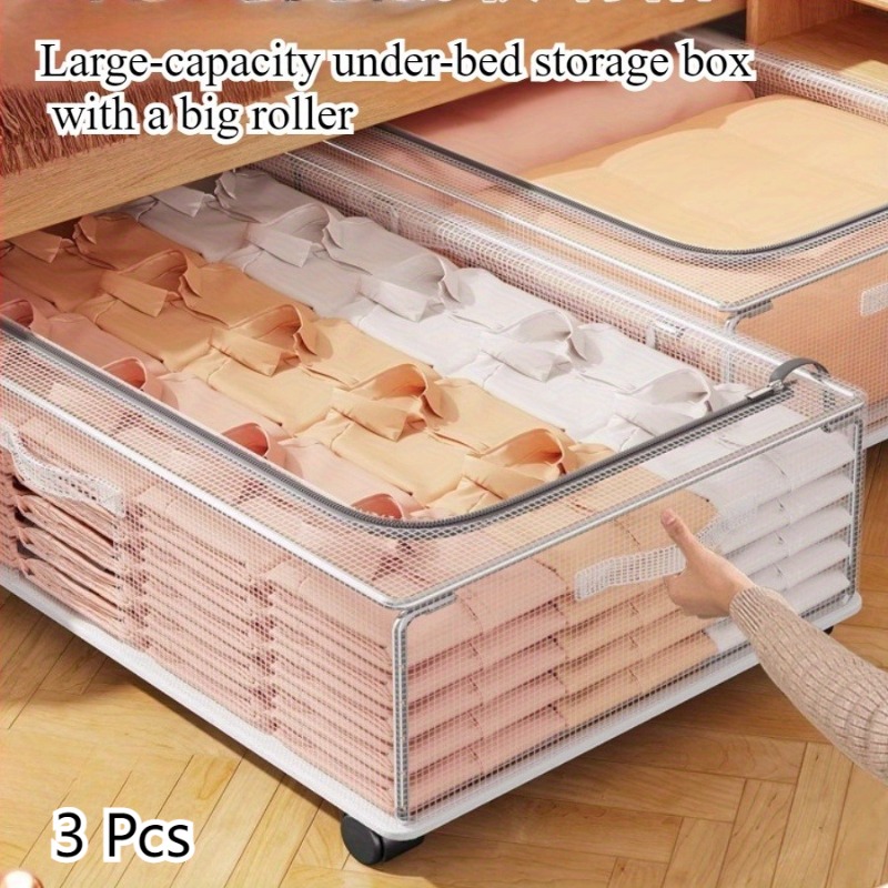 Set of 3 Transparent Under Bed Storage Boxes with Wheels