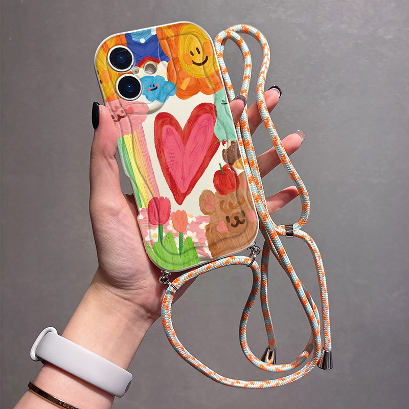 TEMU Phone Case - Fashionable Personalized Creative Full-coverage Practical Exquisite Hanging Rope Heart Pattern Phone Case For Iphone 17 16 15 14 13