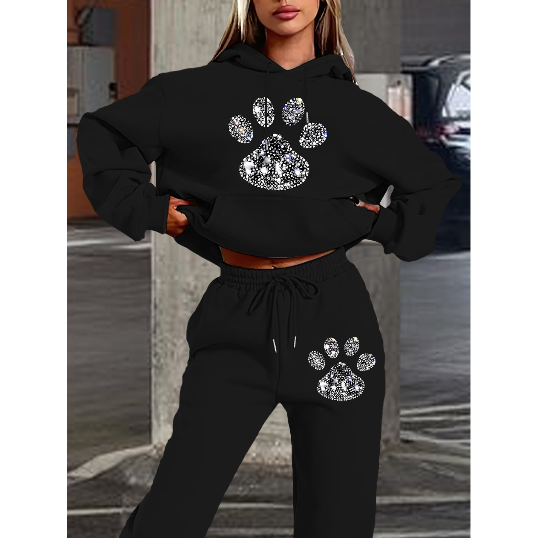 

1set Women's Casual Hooded Sweatshirt And Pants Set, Geometric Paw Print, Long Sleeve Pullover With Pockets, Polyester Knit Fabric, Fall/winter Collection