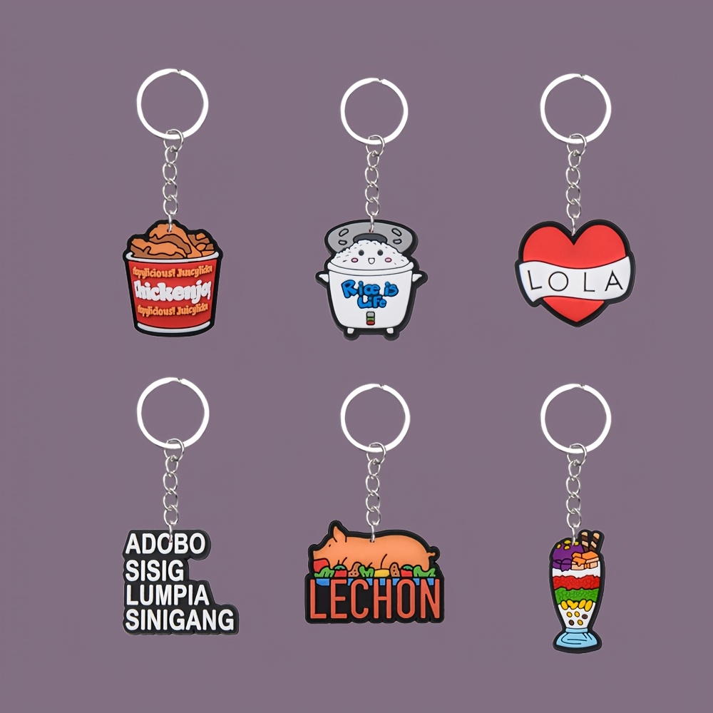 TEMU 2d Flat 6pcs Cute Filipino Food Acrylic Keychain Set, Adobo Sauce And Shaped Keychains, Filipino Cultural Food Keyring Pendant, Suitable For Car